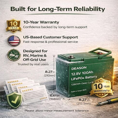 DEASON 12V 100Ah Mini LiFePO4 Lithium Battery - 100A BMS, 10-Year Lifespan, Up to 15000 Cycles, Max. 1280Wh Energy in Small Size, Perfect for RV, Solar, Trolling Motor, Boats, kayaking, Marine etc. in Kuwait