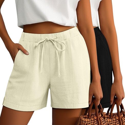 RIYIPER 2 حزمة شورتات الكتان غير الرسمي للنساء ، رباط الخصر المرن مقسمة خط الصيف صالة مريحة قصيرة مع جيب in Kuwait