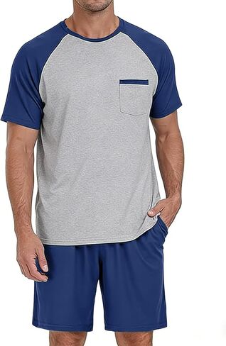 Mens Pajamas Set Summer Soft Pajama Short Set Lightweight Pjs Sleepwear 2 Piece Lounge Set With Pockets S-3XL in Kuwait