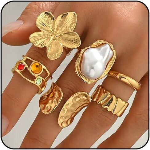 Chunky Gold Rings for Women Non Tarnish Adjustable Gemstone Pearl Flower Rings for Women Statement Silver Ring Stacking Knuckle Ring Chunky Gold Jewelry in Kuwait