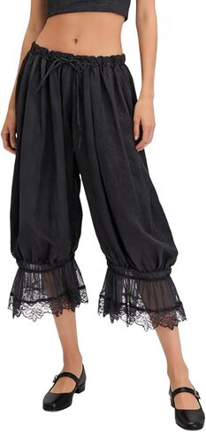 Women Y2k Lace Trim Pants Smocked Elastic Waist Long Bloomers Pant Ruffle Cropped Lounge Pajama Short Pants Slip in Saudi Arabia