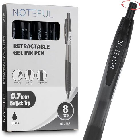 Retractable Tri Grip Gel Pen For Journaling, Smooth Writing, Black Gel Ink Medium Point Pens (0.7 mm), Pack of 8 in Kuwait