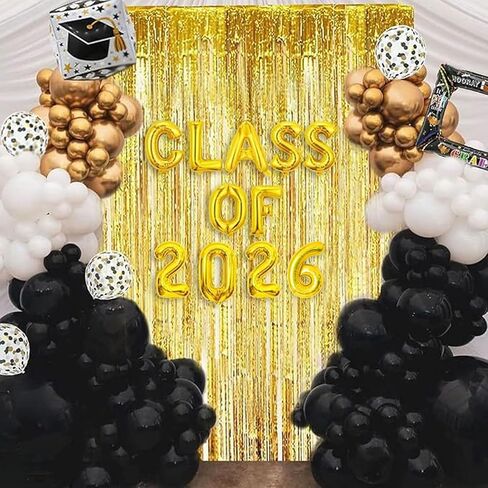 طقم جانيونس جارلاند جارلاند جارلاند تخرج من جانيونز مع فئة من 2025 بالون رقائق البالون و 78 بوصة الستائر الهامش الخلفية - 2025 ديكورات التخرج مع البالونات الذهبية البيضاء السود in Kuwait