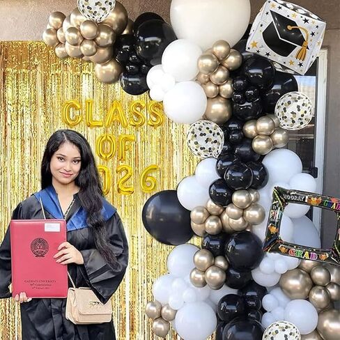 طقم جانيونس جارلاند جارلاند جارلاند تخرج من جانيونز مع فئة من 2025 بالون رقائق البالون و 78 بوصة الستائر الهامش الخلفية - 2025 ديكورات التخرج مع البالونات الذهبية البيضاء السود in Kuwait