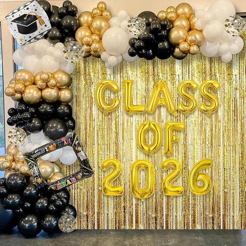 طقم جانيونس جارلاند جارلاند جارلاند تخرج من جانيونز مع فئة من 2025 بالون رقائق البالون و 78 بوصة الستائر الهامش الخلفية - 2025 ديكورات التخرج مع البالونات الذهبية البيضاء السود in Kuwait