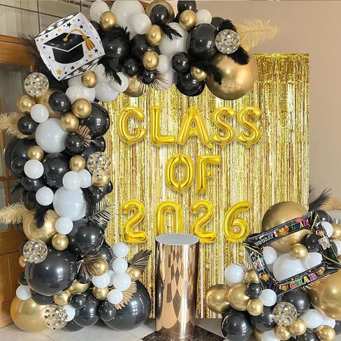 طقم جانيونس جارلاند جارلاند جارلاند تخرج من جانيونز مع فئة من 2025 بالون رقائق البالون و 78 بوصة الستائر الهامش الخلفية - 2025 ديكورات التخرج مع البالونات الذهبية البيضاء السود in Kuwait