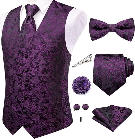 Hi-Tie Men's Silk Vest Bowtie Set Formal Suit Vest Jacquard Tie Handkerchief Cufflinks 5PCS Dress Waistcoats Wedding in Saudi Arabia
