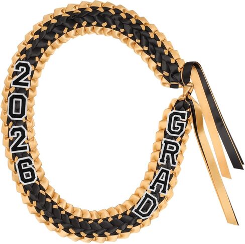 HELILTD 9PCS شريط التخرج يدويًا Leis Grad Class Of 2024 Double Loved Necklace Graduation Leis 2024 Black and Gold for Women and Men in Kuwait