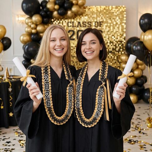 HELILTD 9PCS شريط التخرج يدويًا Leis Grad Class Of 2024 Double Loved Necklace Graduation Leis 2024 Black and Gold for Women and Men in Kuwait