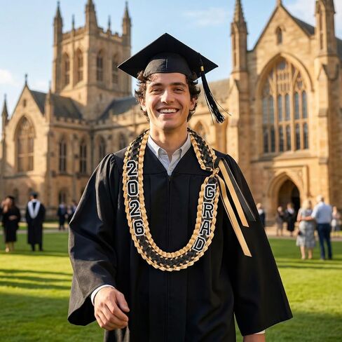 HELILTD 9PCS شريط التخرج يدويًا Leis Grad Class Of 2024 Double Loved Necklace Graduation Leis 2024 Black and Gold for Women and Men in Kuwait