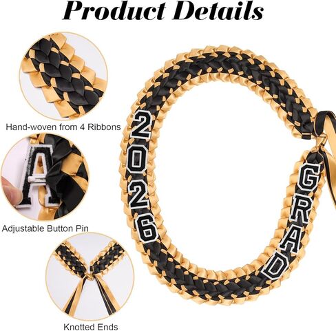 HELILTD 9PCS شريط التخرج يدويًا Leis Grad Class Of 2024 Double Loved Necklace Graduation Leis 2024 Black and Gold for Women and Men in Kuwait