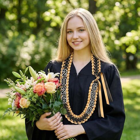 HELILTD 9PCS شريط التخرج يدويًا Leis Grad Class Of 2024 Double Loved Necklace Graduation Leis 2024 Black and Gold for Women and Men in Kuwait