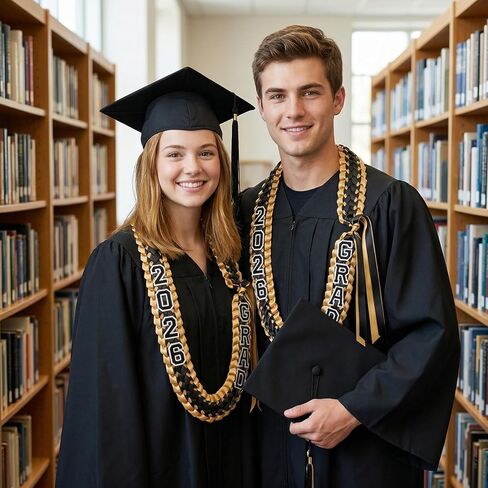 HELILTD 9PCS شريط التخرج يدويًا Leis Grad Class Of 2024 Double Loved Necklace Graduation Leis 2024 Black and Gold for Women and Men in Kuwait