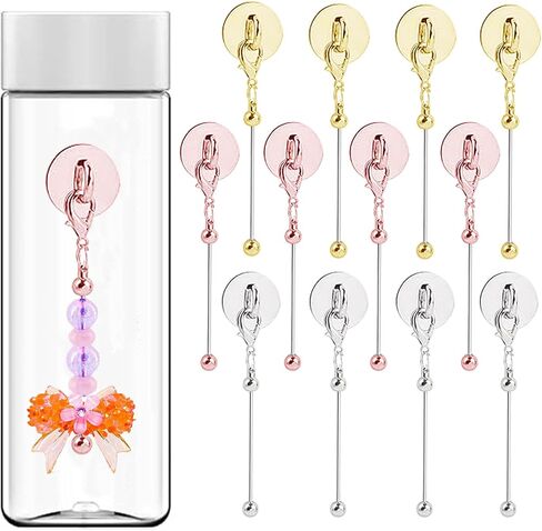 12 Packs Beadable Cup Charms with Adhesive Grip Hook Heart Shaped Buckle Accessories for Tumblers Handle Cup Metal Blank Bar Chains Wire Water Bottle Jewelry Making Blank Beaded DIY Craft, Silver, Gold and Rose-Gold in Kuwait