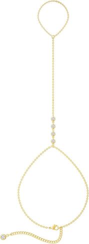 Gold Hand Chain Bracelet Ring Bracelet, 14K Gold Plated Finger Ring Bracelet Zircon Pearl Bead Satellite Hand Chain for Women Trendy Jewelry Non Tarnish Gold Ring Hand Bracelet in Kuwait