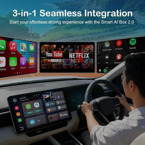 ون كار ستيريو ايه اي بوكس لايت مع كاربلاي لاسلكي ومحول لاسلكي اندرويد اوتو، ماجيك بوكس كاربلاي المدمج في تطبيقات فيديو يوتيوب ونتفليكس، تحويل كاربلاي سلكي للسيارة الاصلية الى لاسلكي in Kuwait