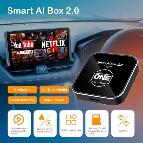 ون كار ستيريو ايه اي بوكس لايت مع كاربلاي لاسلكي ومحول لاسلكي اندرويد اوتو، ماجيك بوكس كاربلاي المدمج في تطبيقات فيديو يوتيوب ونتفليكس، تحويل كاربلاي سلكي للسيارة الاصلية الى لاسلكي in Kuwait
