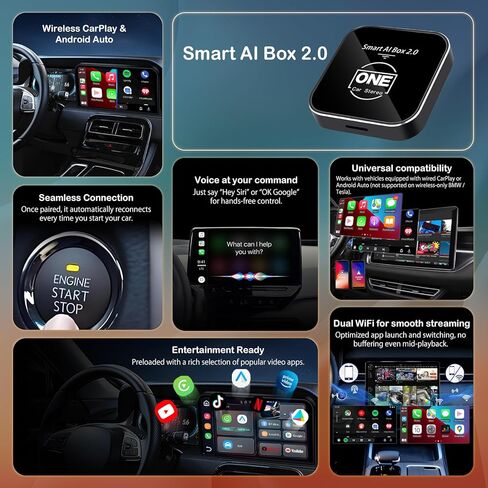 ون كار ستيريو ايه اي بوكس لايت مع كاربلاي لاسلكي ومحول لاسلكي اندرويد اوتو، ماجيك بوكس كاربلاي المدمج في تطبيقات فيديو يوتيوب ونتفليكس، تحويل كاربلاي سلكي للسيارة الاصلية الى لاسلكي in Kuwait