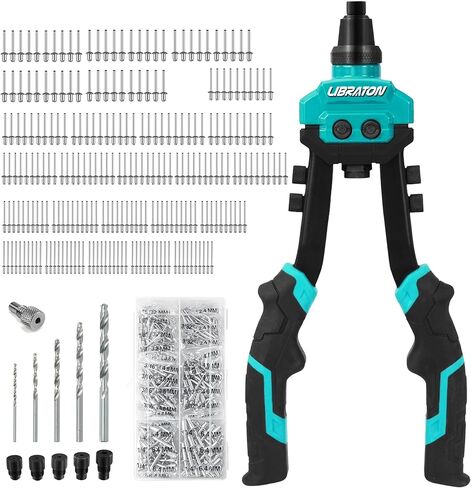 LIBRATON Pop Rivet Gun Kit, Two-Handed Rivet Gun, Heavy Duty Rivet Gun Kit, Pop Rivet Tool with 250 Aluminum Rivets in Box, 5 Tool-Free Interchangeable Nozzles, 5 HSS Drill Bits, for Automotive, Metal in Kuwait