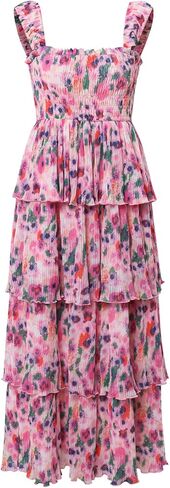 Women's Bohemian Summer Floral Printed Ruffle Pleated Halter Dress Beach Vacation Cute Pink Dresses in Kuwait
