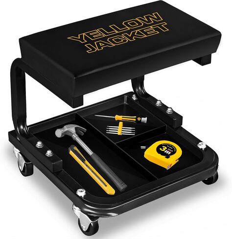 YELLOW JACKET Mechanic Rolling Stool 250 Lbs Capacity, Garage Stool on Wheels with Tool Tray Storage, Work Stools with Wheels for Garage, Shop, Mechanic Chair with Wheels, Auto Repair in Saudi Arabia