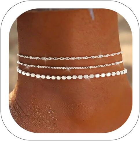 Gold Silver Ankle Bracelets for Women 14K Gold Plated Anklets for Women Waterproof Cuban Link Chain Anklets Set Non Tarnish Dainty Layered Anklet Bracelets for Women Summer Beach Jewelry Gifts in Kuwait