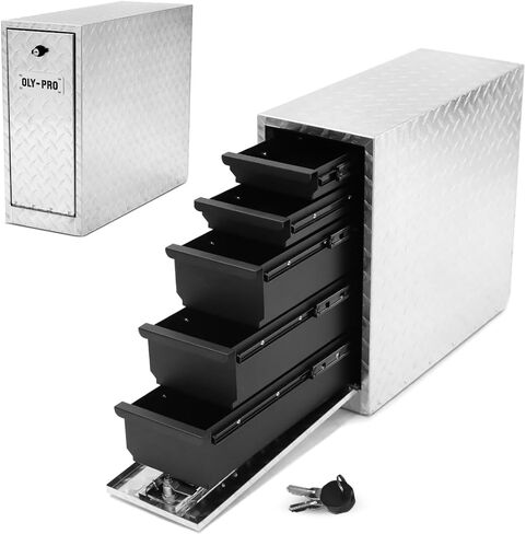 صندوق أدوات سرير الشاحنة مع شرائح 5-Drawer | تخزين الصدر القابل للخدمة الشاقة للألومنيوم للبيك آب وشاحنات العمل والشاحنات الجانبية | صندوق أدوات 8 بوصة مع المفتاح in Saudi Arabia