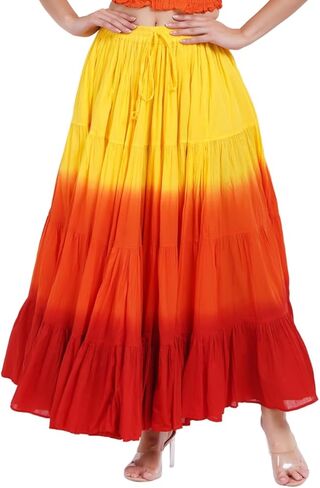 Wevez Women's 25 Yard Tribal Belly Dance Solid Dip Dye 4-Tier Cotton Skirt (Black-heena-Green) in Saudi Arabia