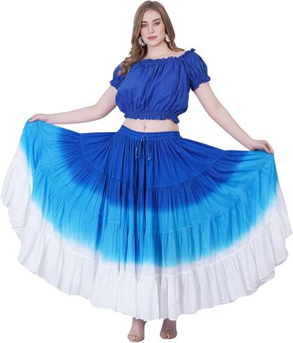 Wevez Women's 25 Yard Tribal Belly Dance Solid Dipe Dye 4-Tier Cotton Skirt (Black-Heena-Green) in Kuwait