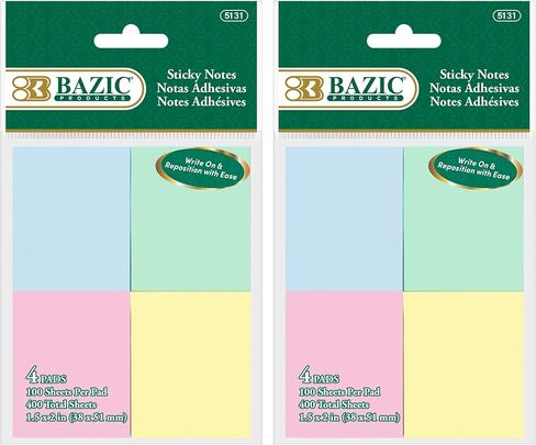 ملاحظات لاصقة من بازيك، 1.5×2، ملصقات ملونة متنوعة، ملاحظات ذاتية اللصق، وسادات مذكرة لاصقة ملونة، قابلة لإعادة التدوير (400 ورقة/عبوة)، عبوة واحدة in Kuwait