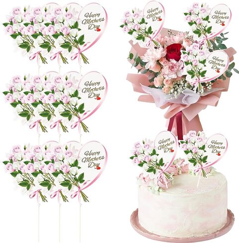 Gyufise 12pcs Happy Mother's Cake Cake Topcake Decorations Pink Flower Flower Mother's Cupcake Topcake Topcake Decoration for Mom's Birthday Party Supplies Mix Mix Size in Kuwait