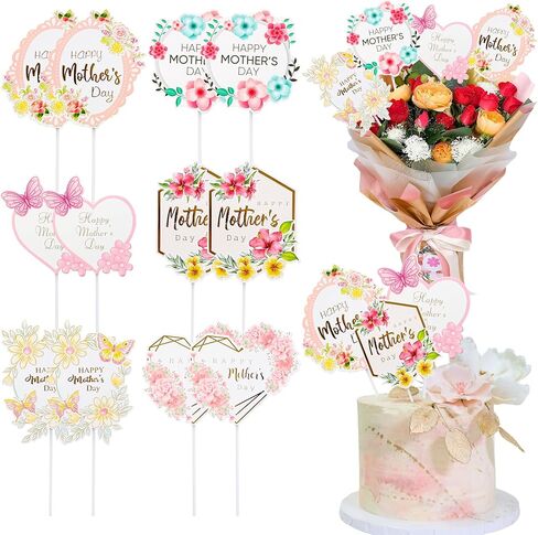 Gyufise 12pcs Happy Mother's Cake Cake Topcake Decorations Pink Flower Flower Mother's Cupcake Topcake Topcake Decoration for Mom's Birthday Party Supplies Mix Mix Size in Kuwait