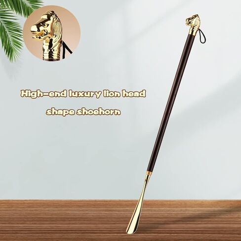 Shoe Horn Long Handle for Seniors High-end Luxury Lion Head Shape Shoe Helper, Household Long and Short Handle Shoe Lifter, Exquisite Storage Bag (Color : Gold, Size : 58 * 3.5cm) in Kuwait