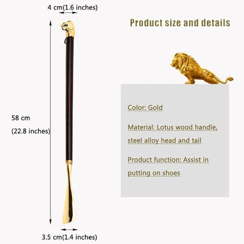 Shoe Horn Long Handle for Seniors High-end Luxury Lion Head Shape Shoe Helper, Household Long and Short Handle Shoe Lifter, Exquisite Storage Bag (Color : Gold, Size : 58 * 3.5cm) in Kuwait