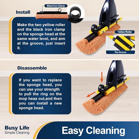 Yocada Sponge Mop Home Commercial Use Tile Floor Bathroom Garage Cleaning with 3 Sponge Heads in Total Squeegee and Extendable Telescopic Long Handle 42.5 to 52 Inches Easily Dry Wringing Only 3 Heads in Kuwait