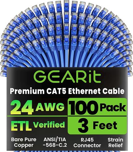 GearIT 100-Pack, Cat5e Ethernet Patch Cable 3 Feet - Snagless RJ45 Computer LAN Network Cord, Blue - Compatible with 48 Port Switch POE Rackmount 48port Gigabit in Kuwait