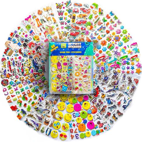 Stickers for Kids 45 3D Puffy Sheets with 1300+ Kids Stickers - Perfect for Party Bag Fillers, Sticker for Scrapbooking, Fun with Sticker of Cars, Letters, Numbers, Dinosaur, Stars, Alphabet & More in Kuwait