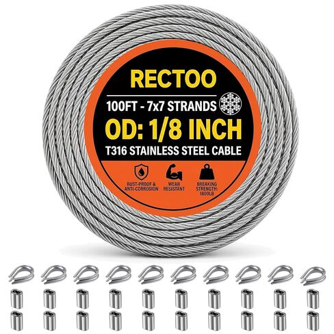 200ft 1/8 "كابل الفولاذ المقاوم للصدأ مع قواطع الكابلات، 7x7 فروع الفولاذ المقاوم للصدأ سلك حبل البناء، سلك حبل كابل الطائرة لسطح السفينة حديدي درابزين الدرج الدرابزينات سياج الشرفة in Saudi Arabia