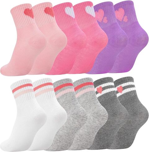 Jspupifip 6 Pairs Kids Girls Pink White Crew Athletic Socks with Retro Stripes Hearts, Casual Stretchy Socks for Girls and Boys 6-12 Years in Saudi Arabia