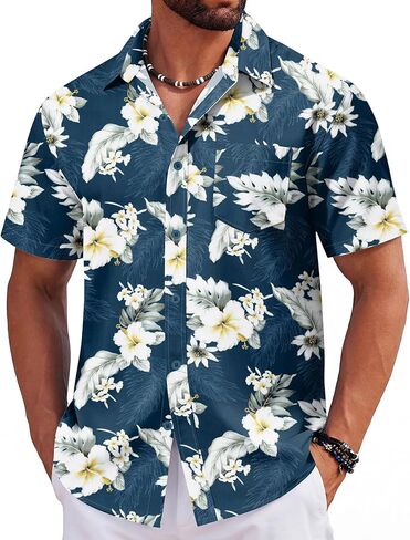 COOFANDY Mens Hawaiian Shirts Short Sleeve Tropical Button Down Shirts Floral Summer Beach Shirt in Kuwait