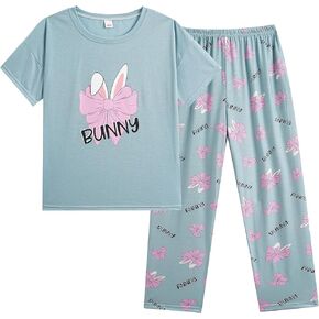 Vopmocld Big Girls' Short Sleeve Long Pants Pajama Sets 2PCS Cartoon Pattern & Letters Printed Sleepwear Lounge for Teens in Kuwait