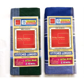 Premium Handloom Stitched Lungi ، 2.10 متر ، نمط متقلب قطن ، أزرق وبحرية ، حزمة 2 in Kuwait