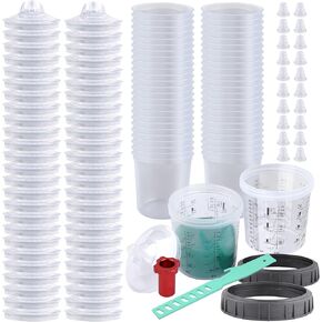 Disposable Paint Spray Gun Cups for Automotive Paint Gun, Paint Mixing Cups 20 Ounce(600ml) Kit - 50 Pack Paint Cups with Lids,1 Hard Cup with Retainer Ring, 20 Plugs with 1 Paint Stirrer in Kuwait