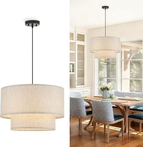 VILUXY Modern Fabric Pendant Light 23.6’’ Large Chandelier with Linen Flower Lampshade 3-Light Dining Room Light Fixture Farmhouse Hanging Ceiling Chandelier for Bedroom Kitchen Living Room Foyer in Kuwait