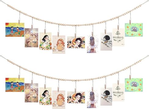 Wall Hanging Photo Display with Wooden Beads Garland, Collage Picture Frame for Boho Wall Decoration, Photo Holders with 9 Wood Clips, for Rustic Country Decor, Home, Nursery Room, Dorm Decor in Kuwait