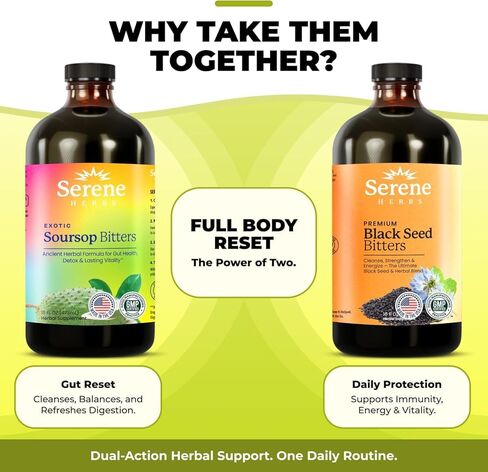 Soursop & Black Seed Bitters Bundle – Organic Herbal Detox for Digestive Support & Immune Health by Serene Herbs – Non-GMO, 32 oz (16 oz Each), 64 Servings in Kuwait
