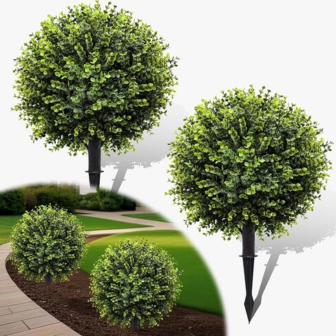 2 Pack Artificial Boxwood Topiary Ball Trees with Ground Spikes 23",UV Resistant Fake Shrubs for Outdoors,Realistic Faux Plants Bushes for Garden Porch Yard Patio Decor in Kuwait