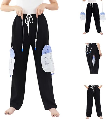 Urinary Drainage Pants,Unisex Incontinence Care Trousers,Catheter Pants,Fistula Pants,Ostomy Drainage Bag Care Pants,Double Zippered Pockets Holding 2000ml Catheter Bags(Gray,M) in Kuwait
