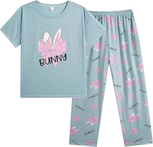 Vopmocld Big Girls' Short Sleeve Long Pants Pajama Sets 2PCS Cartoon Pattern & Letters Printed Sleepwear Lounge for Teens in Kuwait