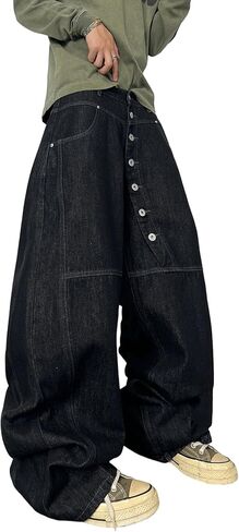 Mens Streetwear Hip Hop Baggy Jeans Wide Leg Skater Denim Pants Loose Long Trousers in Kuwait